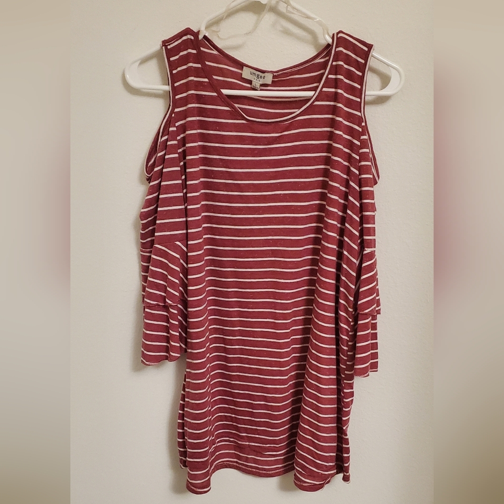 Umgee Women's Striped Cold Shoulder Layered Sleeve Blouse Top Size Large